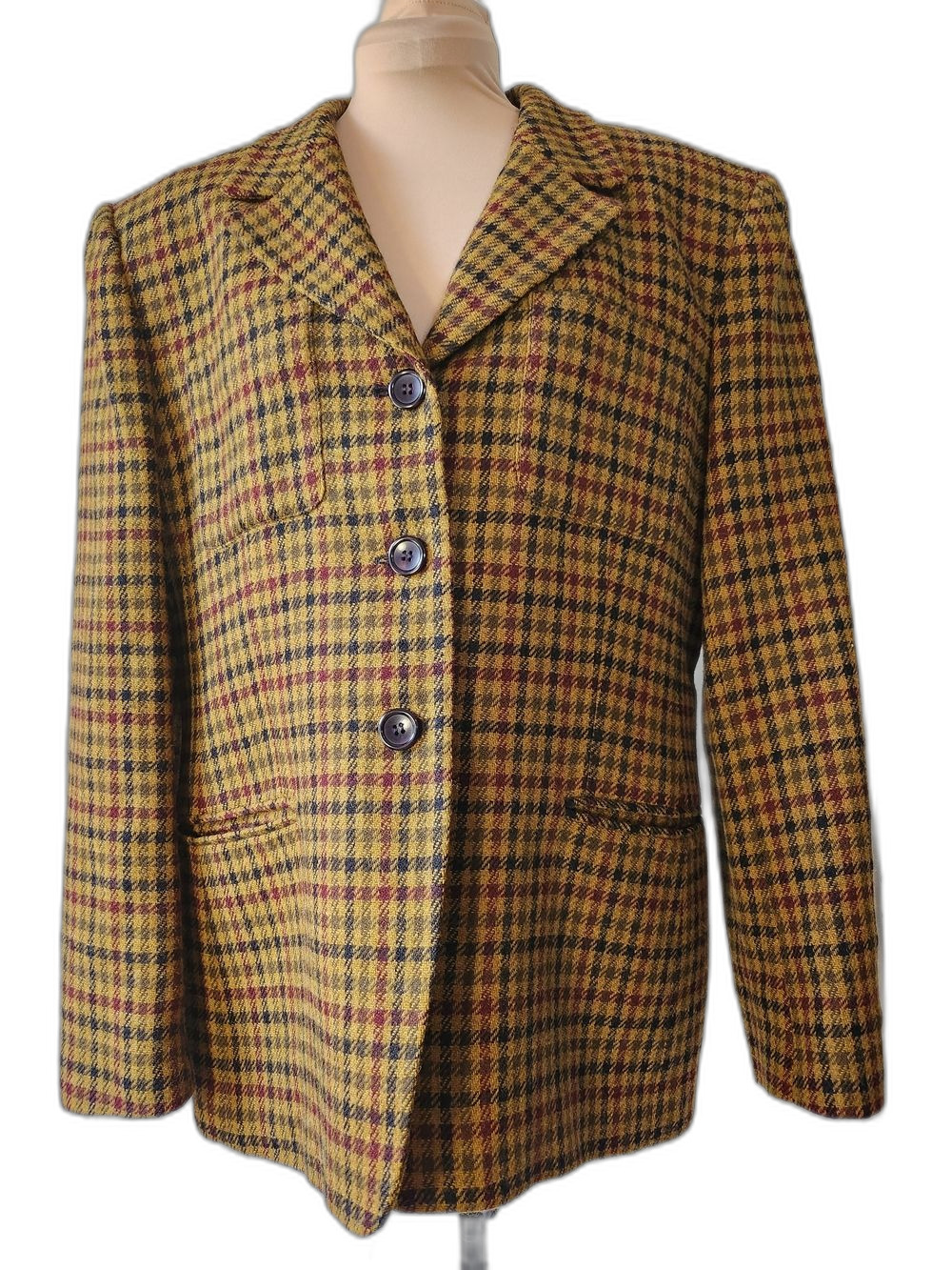 Vtg Jones New York 100% Wool Academia Mustard Houndstooth Blazer